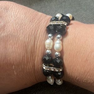 Bracelet with Faux Pearls, Black Beads & Cubic Zirconia